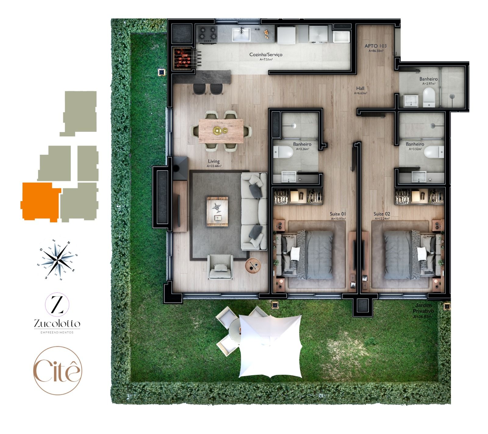 103 - Unidade com jardim privativo de 43m² - Cobertura à venda em Gramado, Carniel, com 2 quartos, 72.19m²