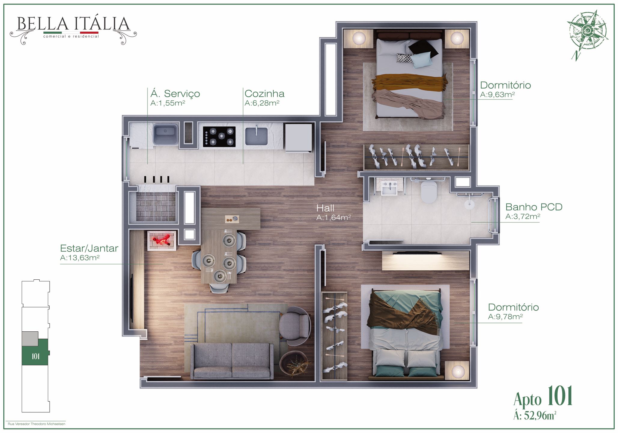 Apartamento à venda em gramado, moura, com 2 quartos, 52.96m